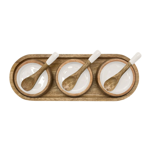 Corinne Serving Tray with Dip Bowls and Spoons 35.5x13x5cm White & Natural