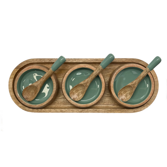 Corinne Serving Tray with Dip Bowls and Spoons Green 35.5x13x5cm