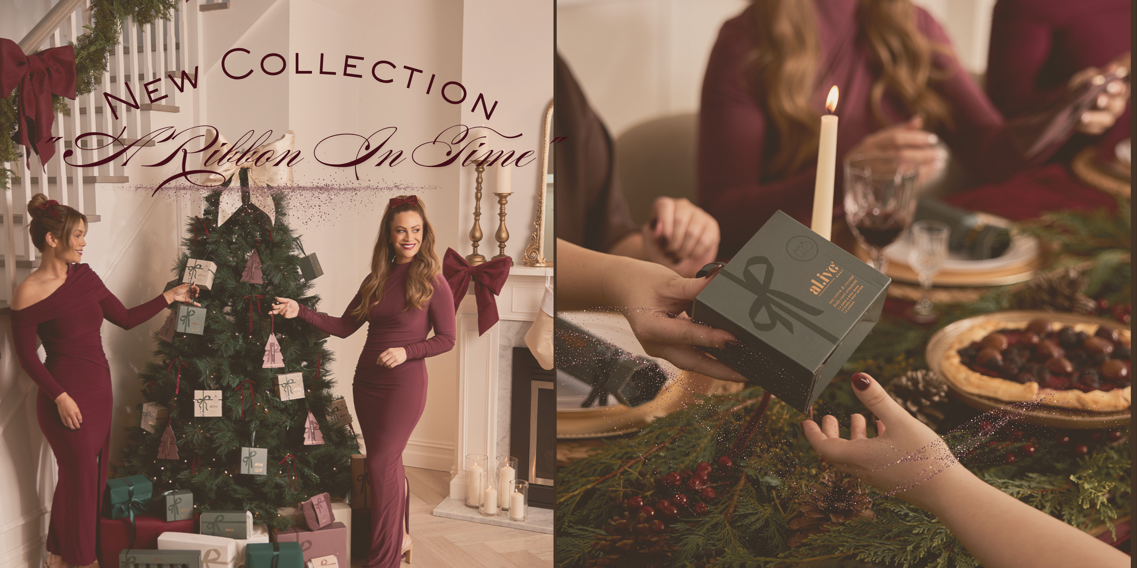 Two Christmas-themed images: one with women decorating a tree and the other with a gift exchange, both featuring a 'New Collection' text.