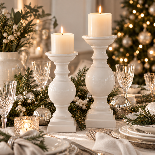 Two white ceramic candlestick holders with lit pillar candles, styled on a decorated Christmas table with greenery, silver ornaments, and a blurred Christmas tree in the background.