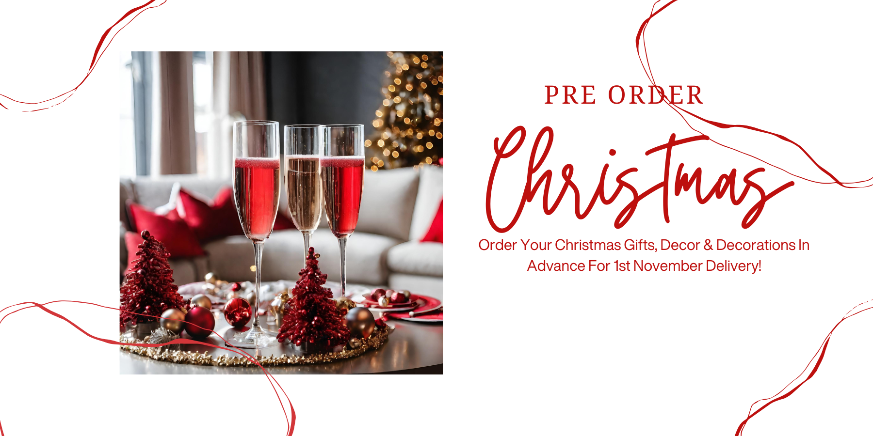 Pre-order Christmas advertisement with champagne glasses and festive decor.