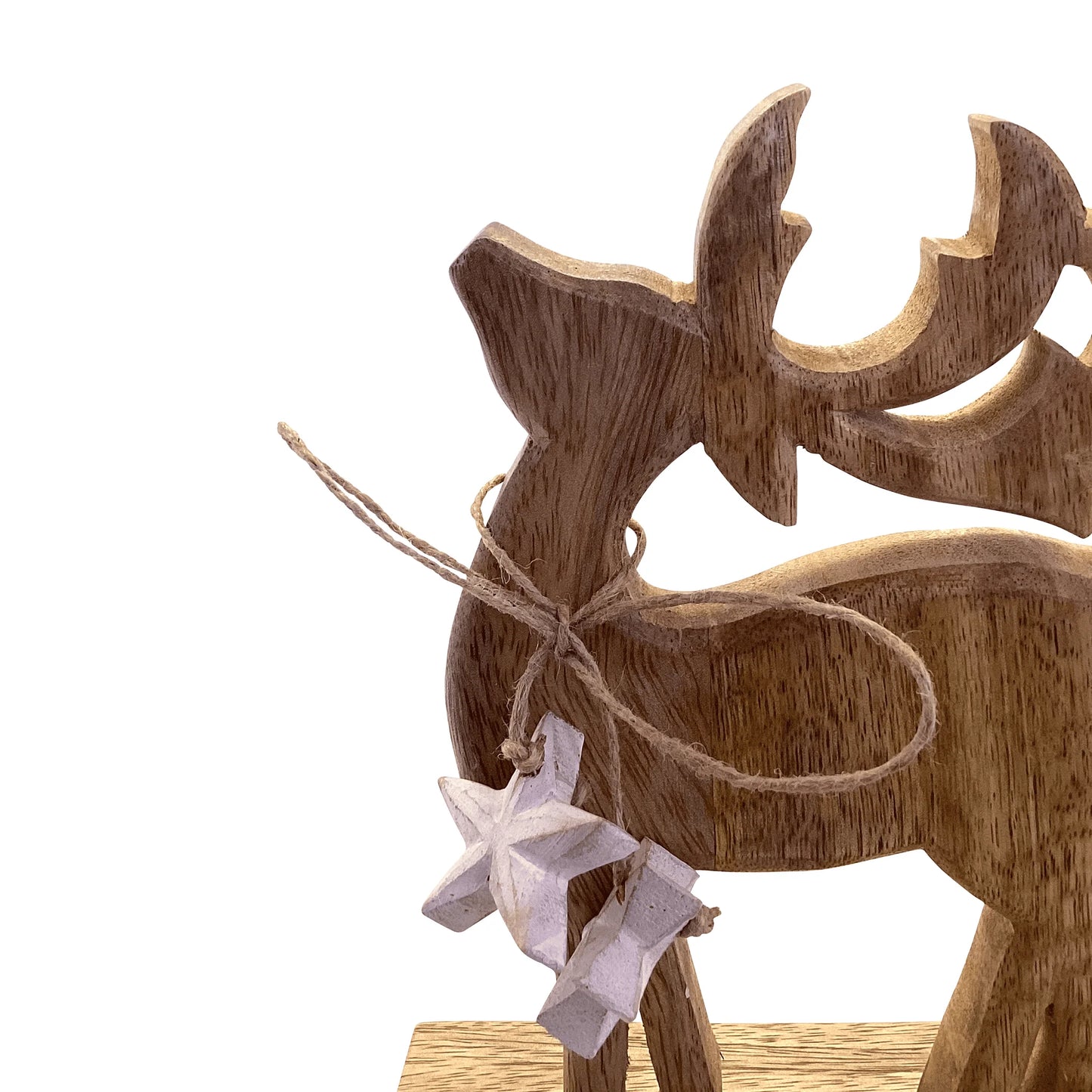 Wooden reindeer ornament with a star-shaped decoration on a white background
