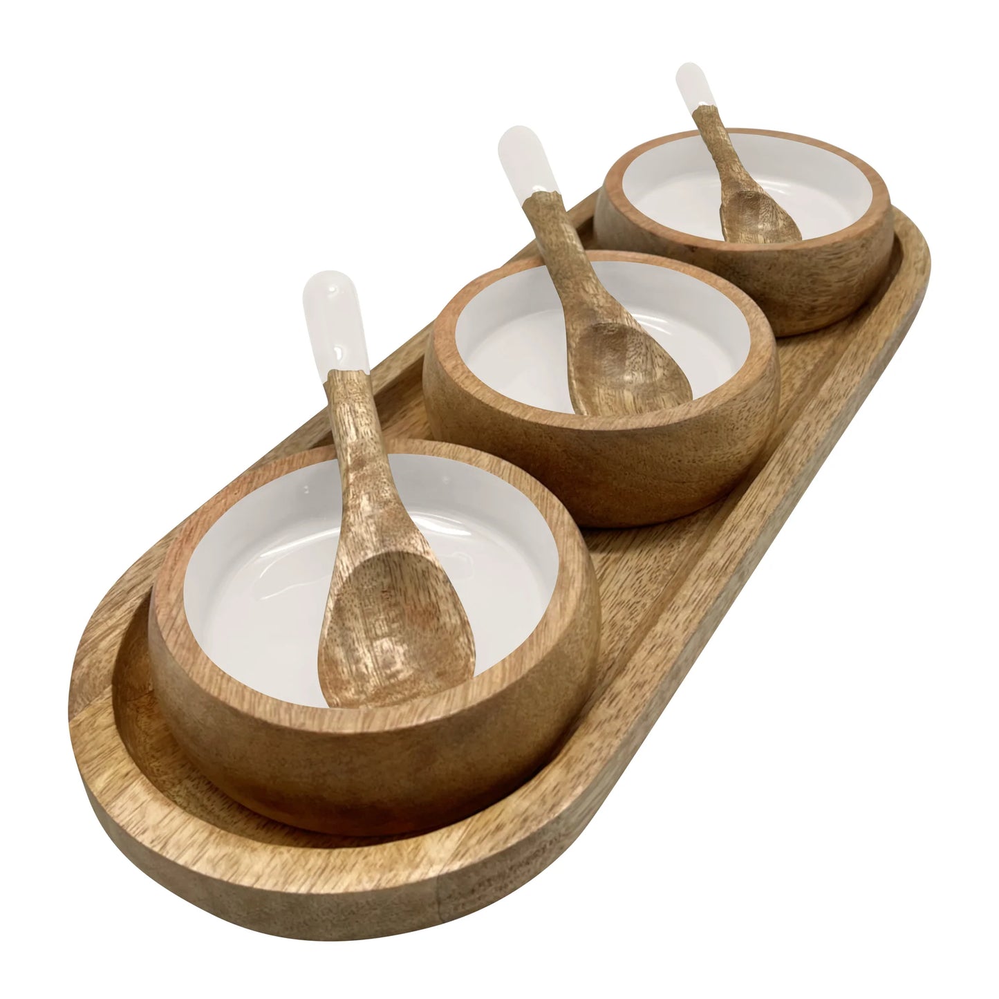 Corinne Serving Tray with Dip Bowls and Spoons 35.5x13x5cm White & Natural