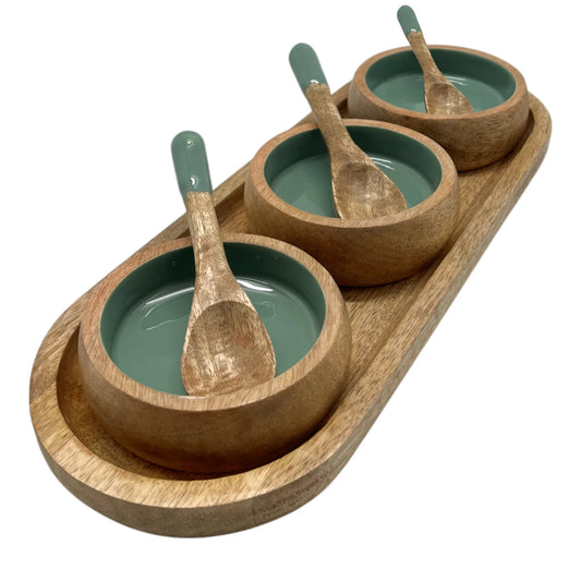 Corinne Serving Tray with Dip Bowls and Spoons Green 35.5x13x5cm