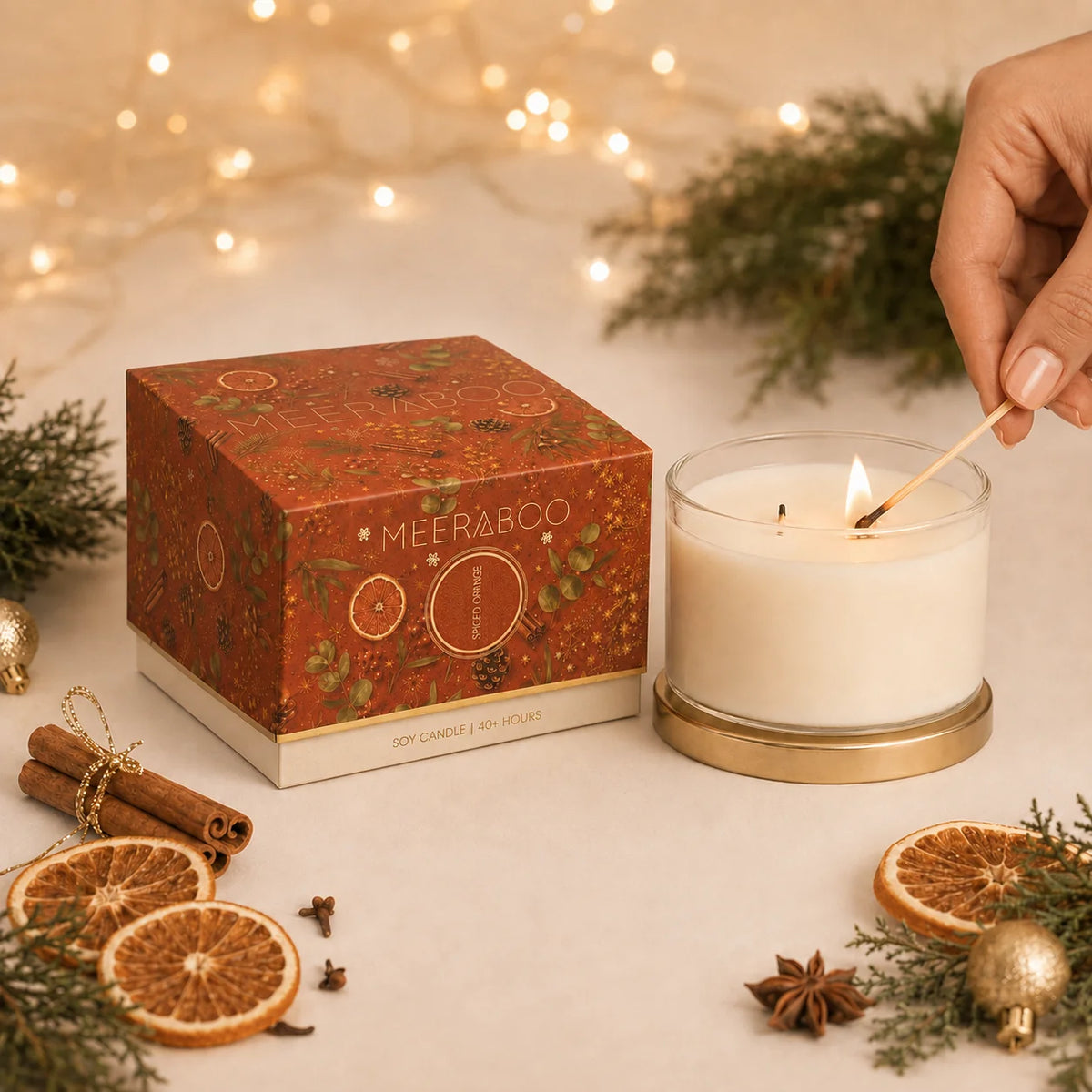 Meeraboo Spiced Orange Christmas soy candle styled with dried orange slices, cinnamon sticks, eucalyptus greenery and natural timber Christmas decorations.