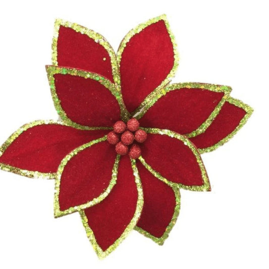 Red Christmas Fabric Flower with Green Glitter Trim – 50cm